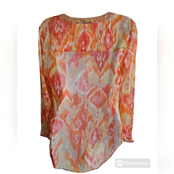 Chico’s Size 0 Small Orange Gold Chiffon Tie Front Blouse Boho Resort Sheer MOD - Picture 4 of 7